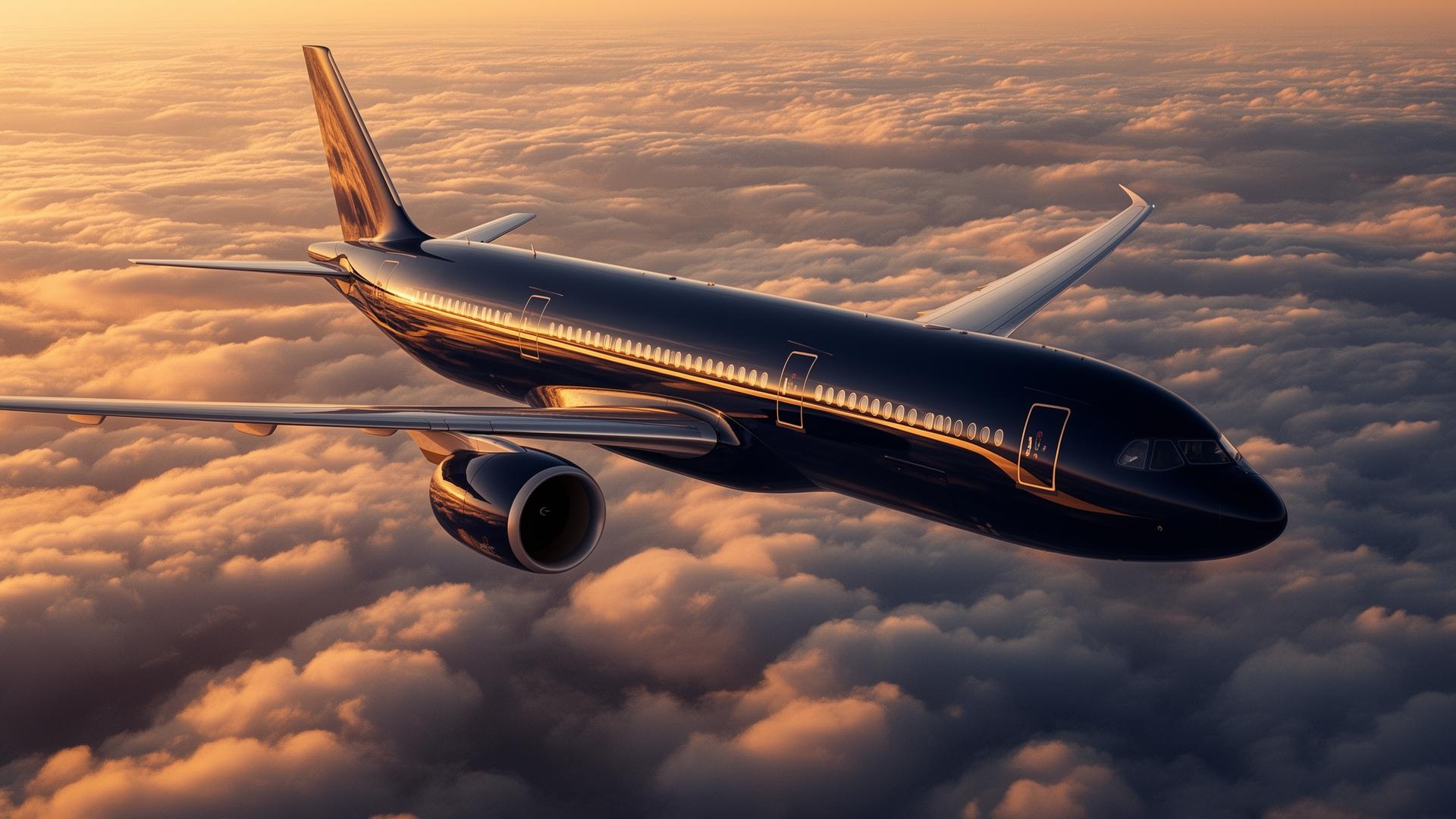 Commercial airliner above the clouds at sunset